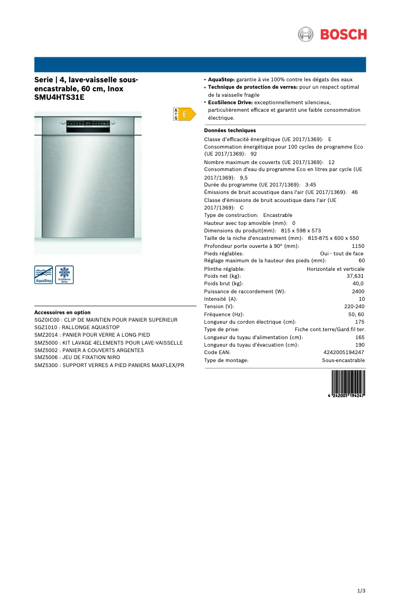 Page 1 de la notice Manuel utilisateur Bosch SMU4THS31E