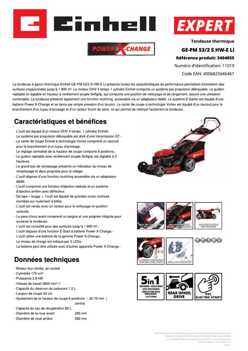 Page n°1 - Fiche technique Einhell GE-PM 53/2 S HW-E Li