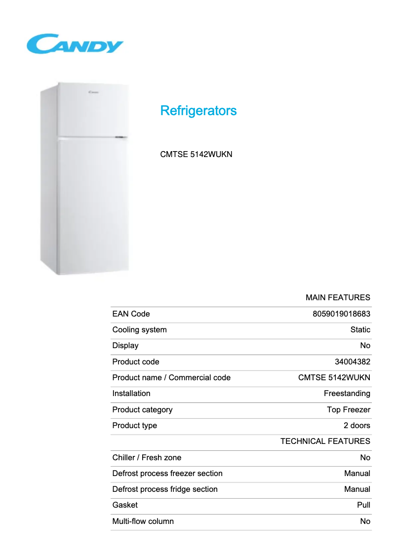 Page 1 de la notice Fiche technique Candy CMTSE 5142WUKN