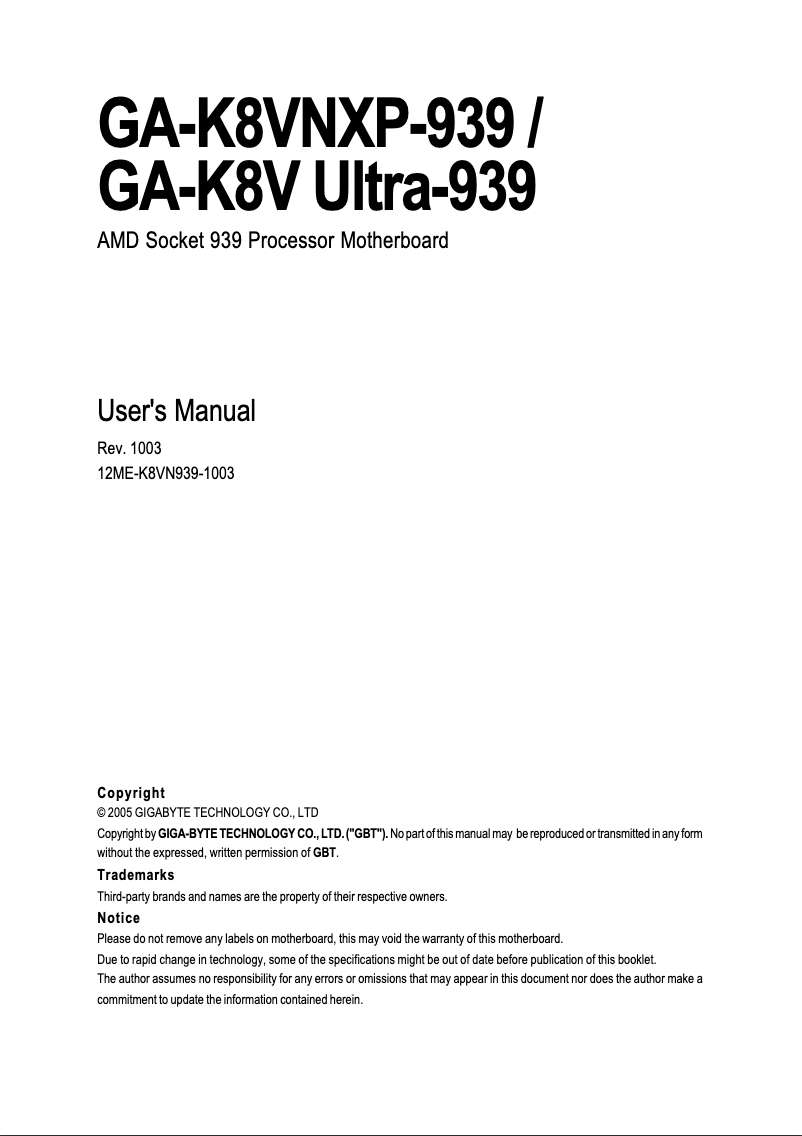 Page n°1 - Manuel utilisateur Gigabyte GA-K8V Ultra-939