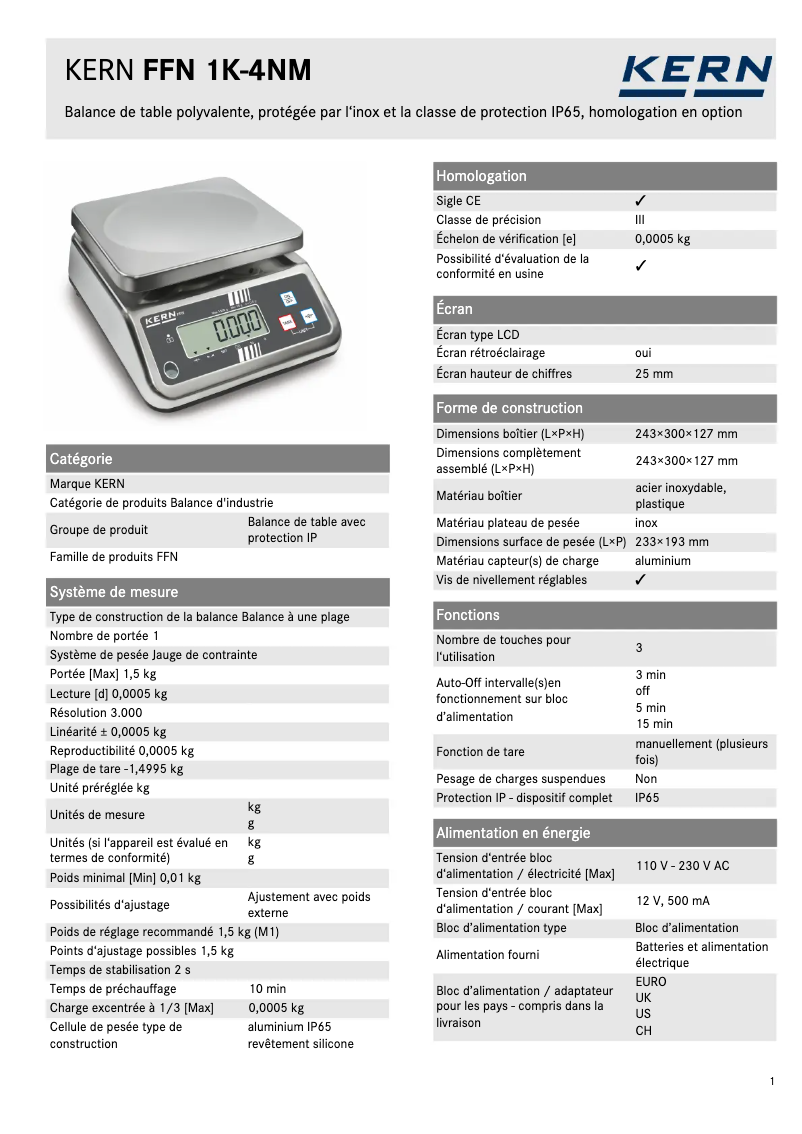 Page 1 de la notice Fiche technique Kern FFN 1K-4NM