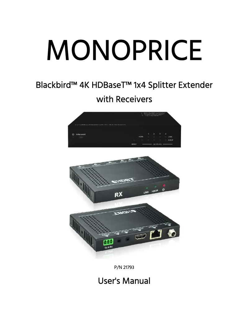 Page 1 de la notice Manuel utilisateur Monoprice Blackbird 4K HDBaseT 1x4 Splitter Extender
