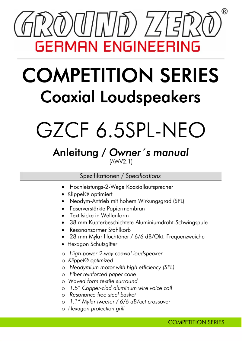 Page 1 of the manual User Manual Ground Zero GZCF 6.5SPL-NEO