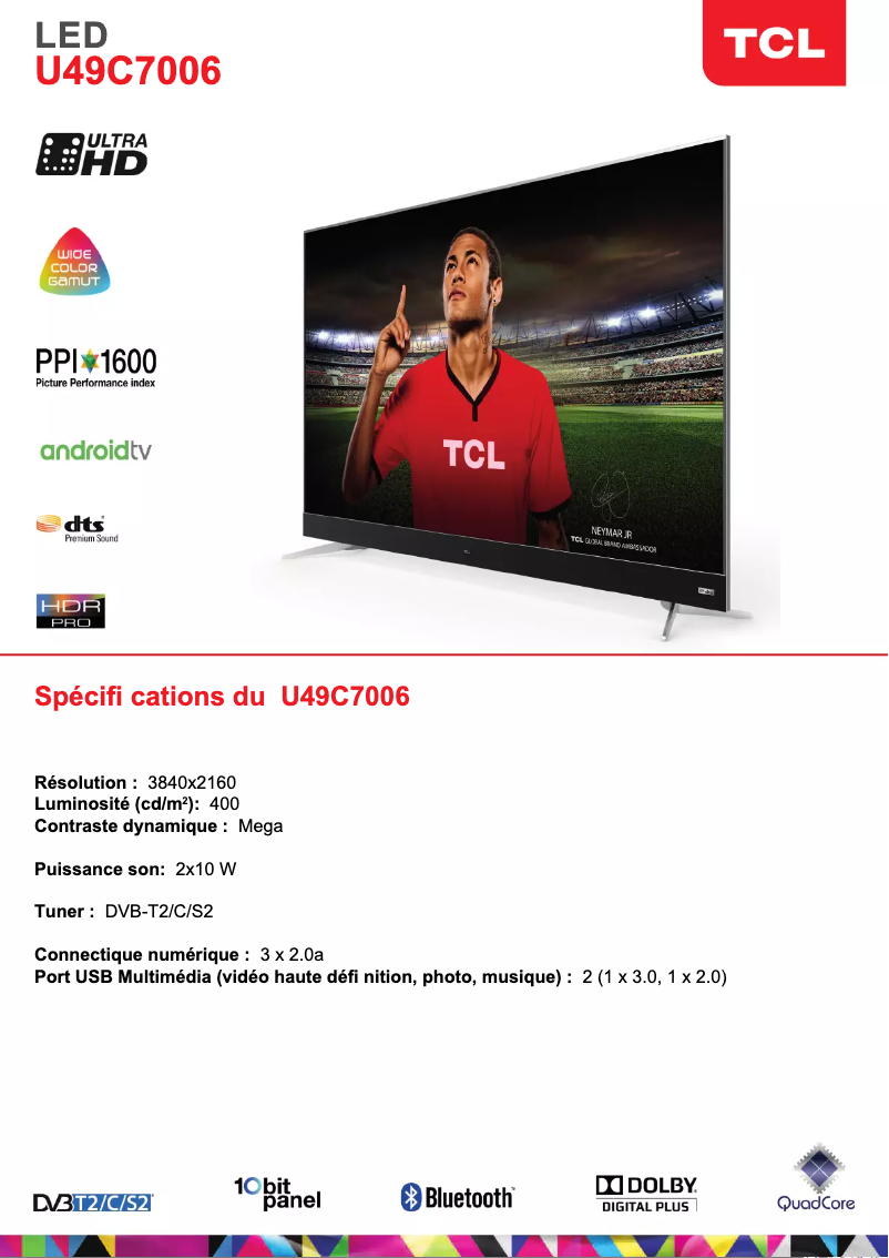 Page 1 de la notice Fiche technique TCL U49C7006