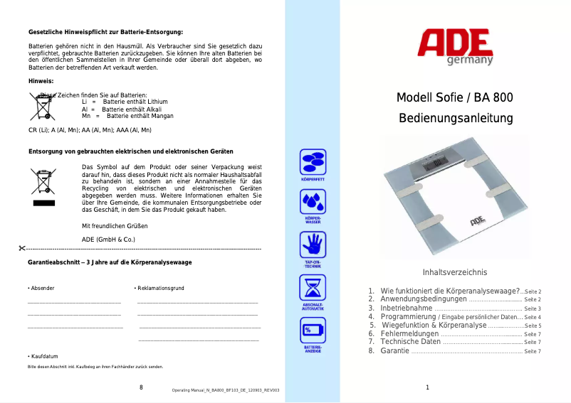 Page 1 de la notice Manuel utilisateur ADE Sofie BA 800