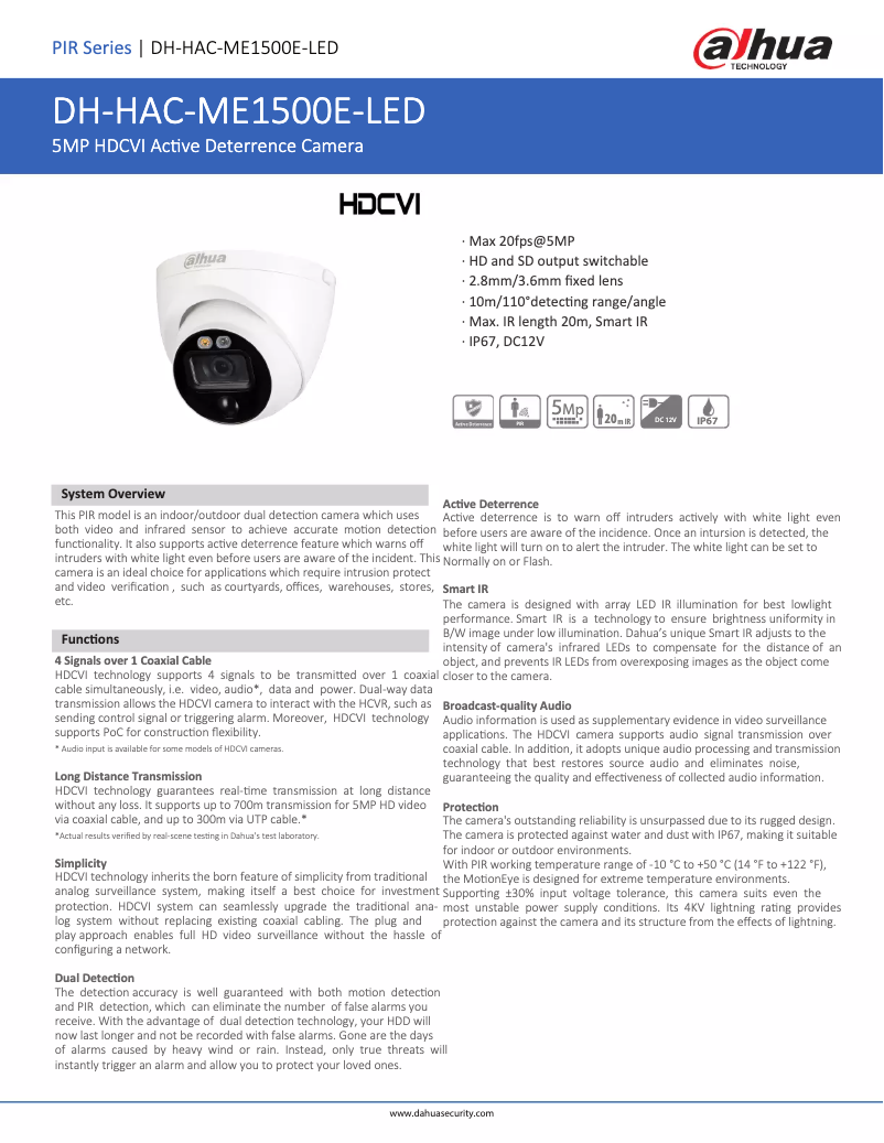 Page n°1 - Fiche technique Dahua Technology HAC-ME1500E-LED