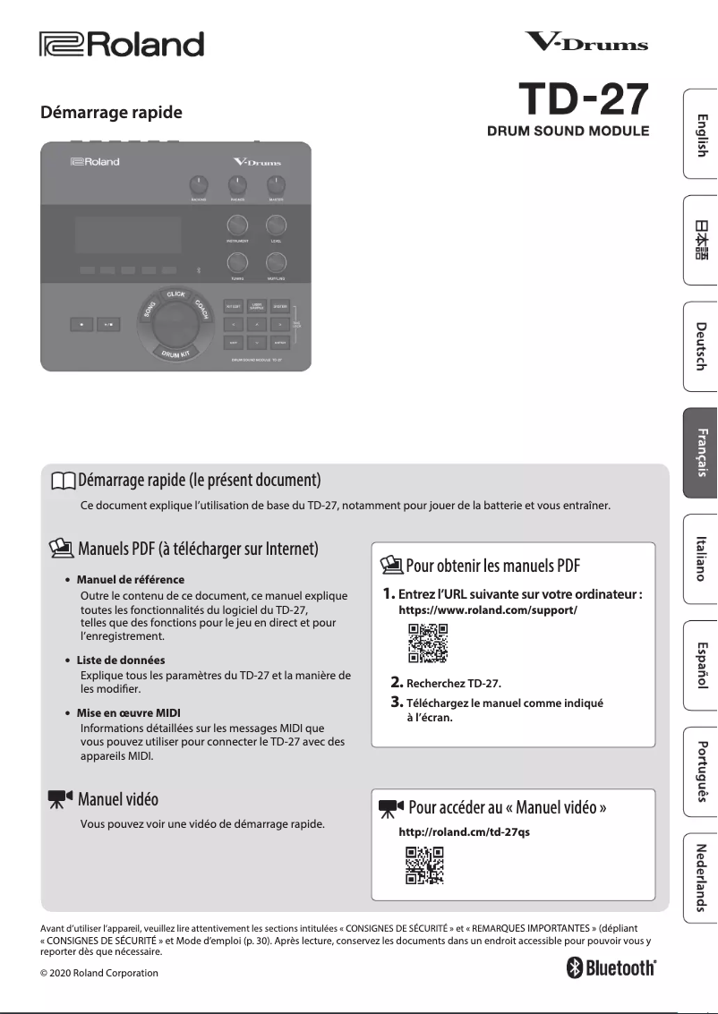 Page 1 de la notice Guide de démarrage rapide Roland V-Drums TD-27