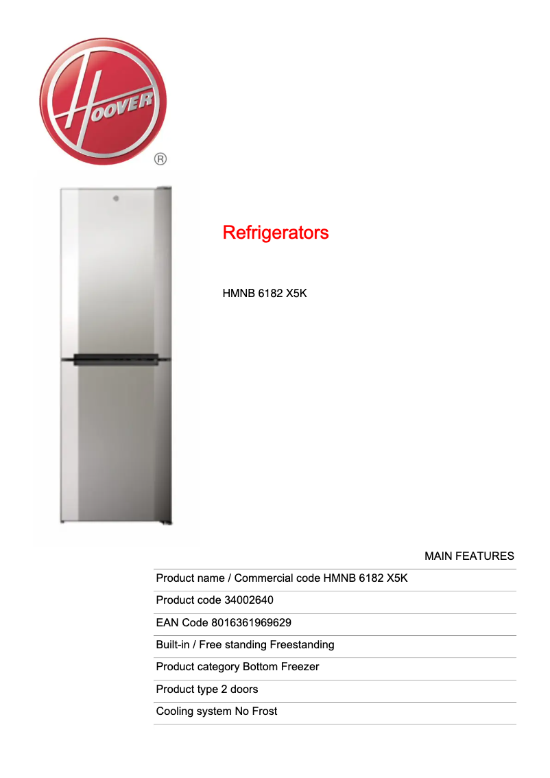 Page 1 de la notice Fiche technique Hoover HMNB 6182 X5K