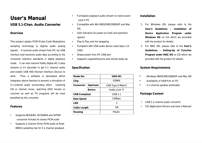 Page 1 de la notice Manuel utilisateur Equip USB > 5.1 Audio-Converter