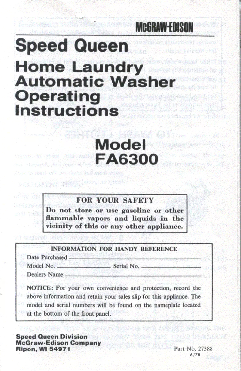 Page 1 de la notice Manuel utilisateur Speed Queen FA6300