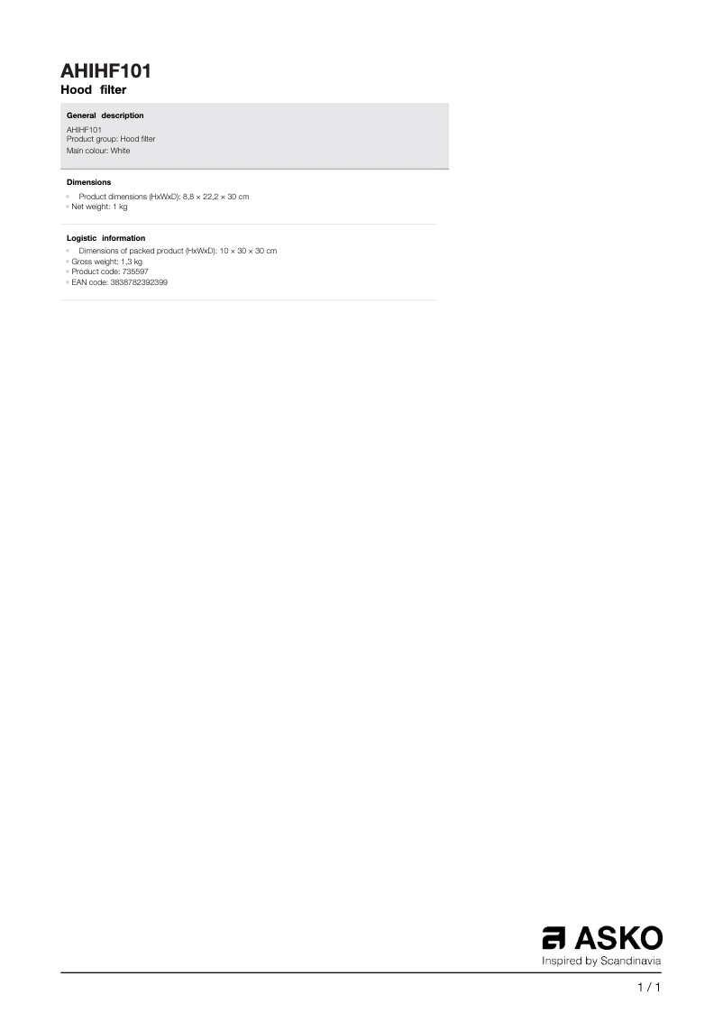 Page 1 de la notice Manuel utilisateur Asko AHIHF101