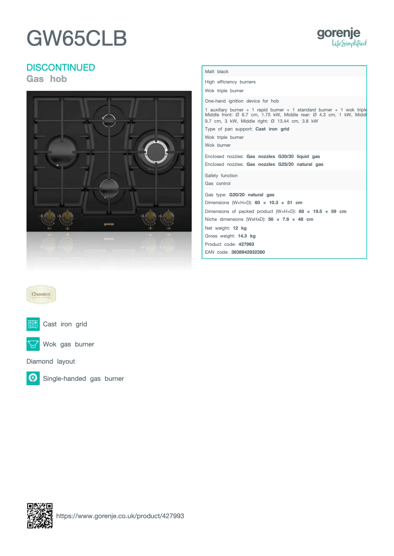 Page 1 de la notice Fiche technique Gorenje GW65CLB