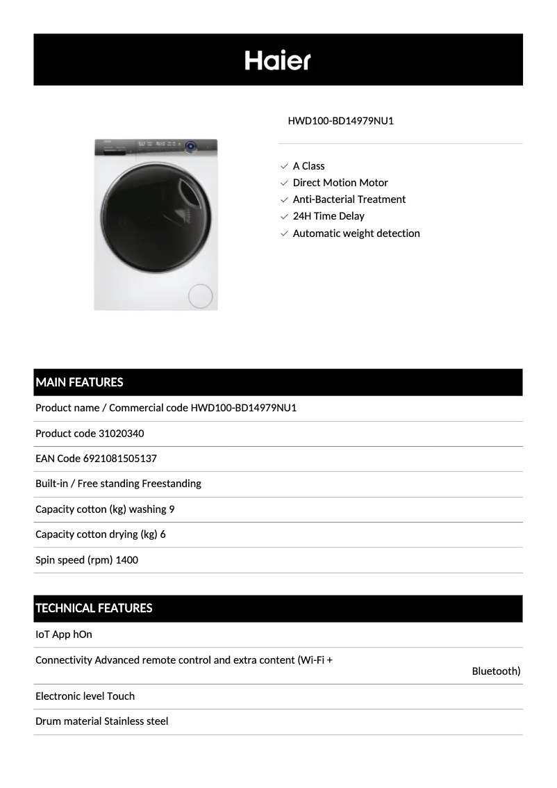 Image de la première page du manuel de l'appareil HWD100-BD14979NU1