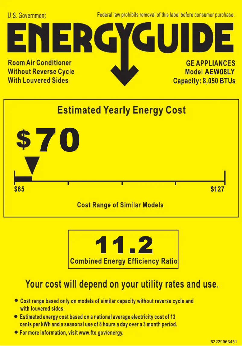 Page 1 de la notice Label énergétique GE AEW08LY