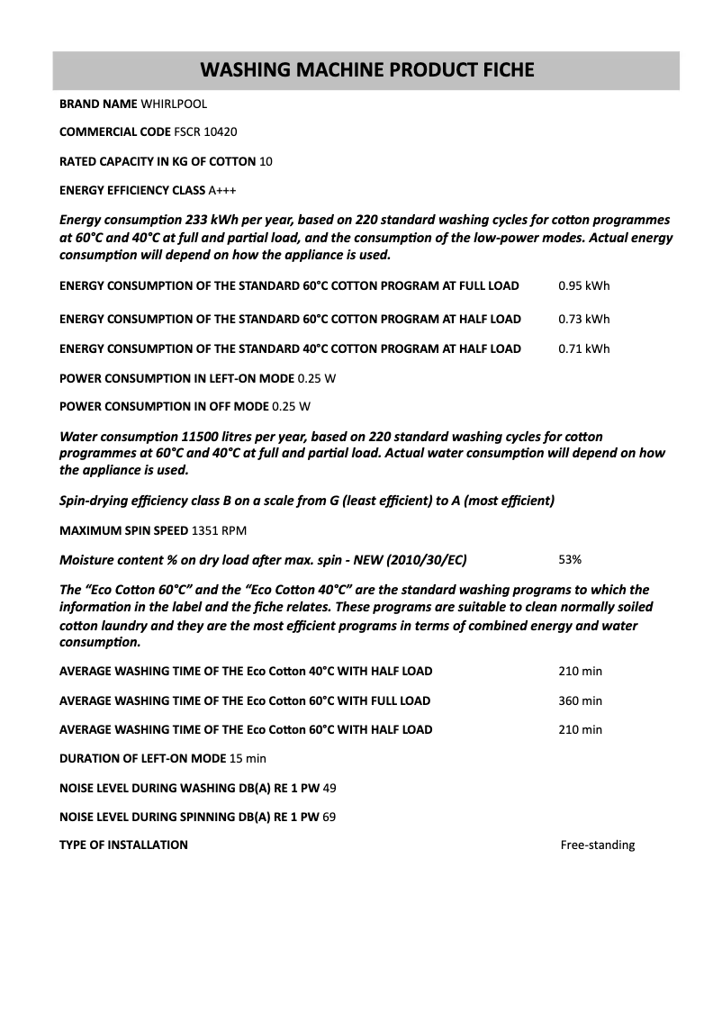 Página 1 del manual Ficha técnica Whirlpool FSCR 10420