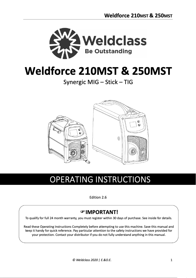 Page n°1 - Manuel utilisateur Weldclass Weldforce 250MST