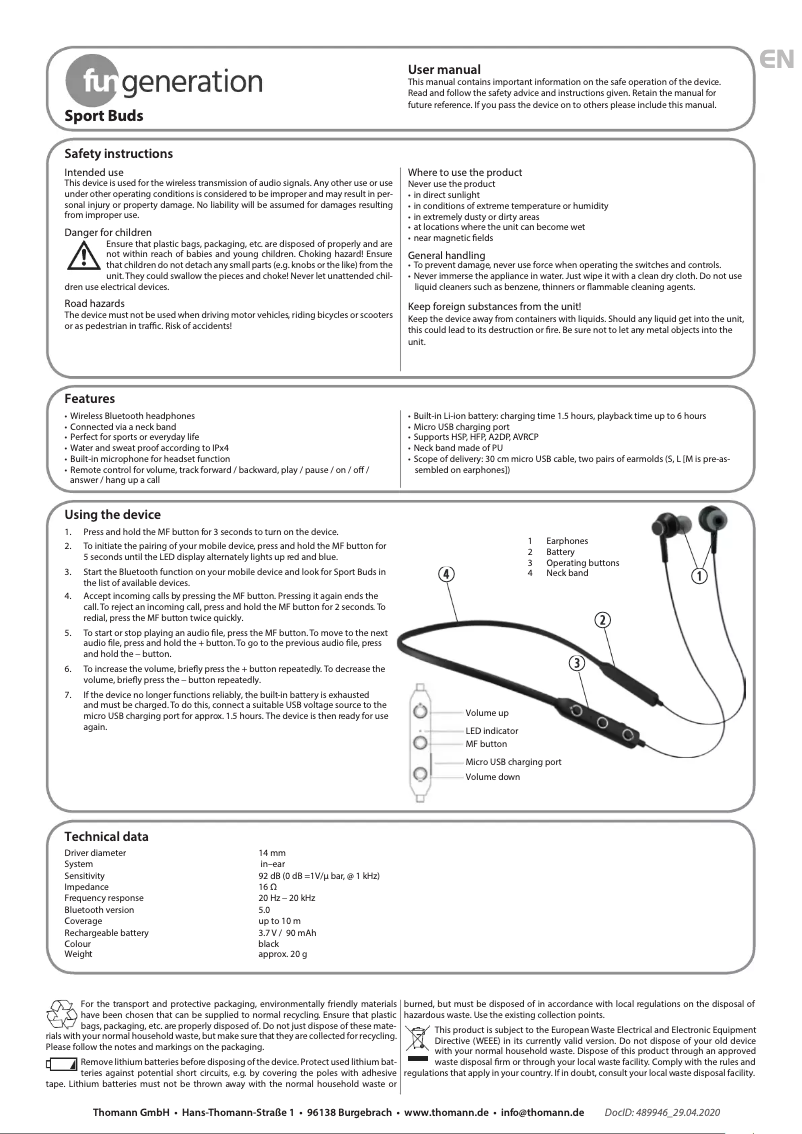 Page 1 de la notice Manuel utilisateur Fun Generation Sport Buds