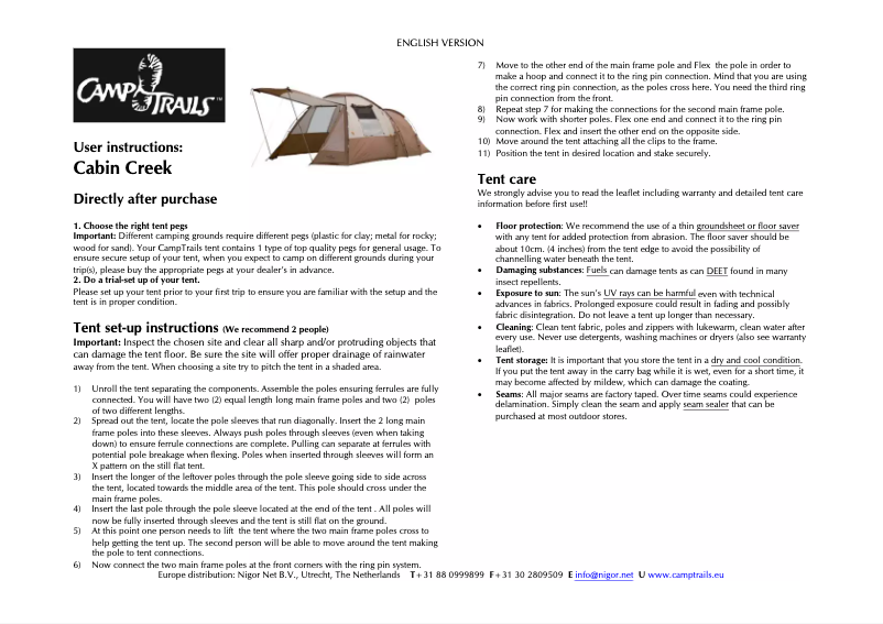 Page n°1 - Manuel utilisateur Camp Trails Cabin Creek