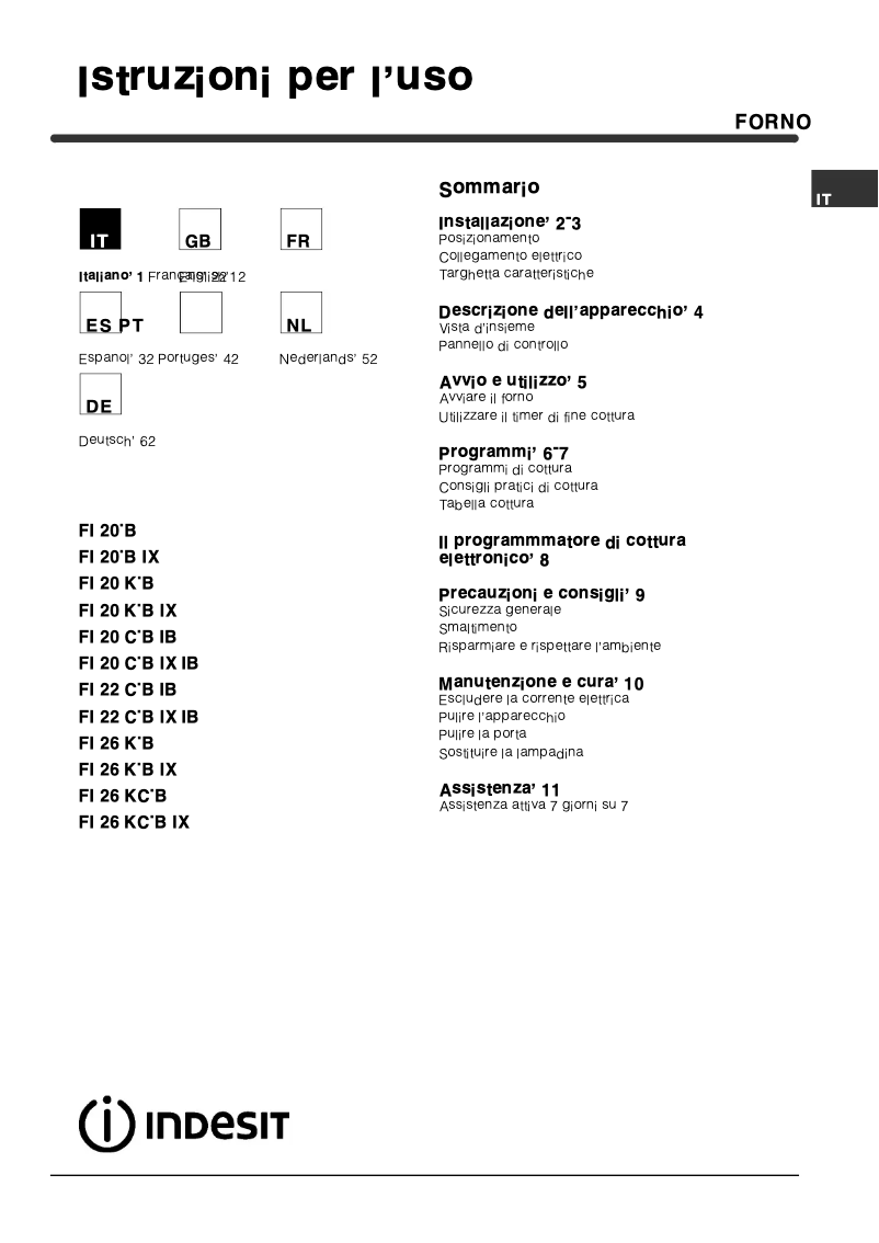 Page 1 de la notice Manuel utilisateur Indesit FI 26 K.B IX