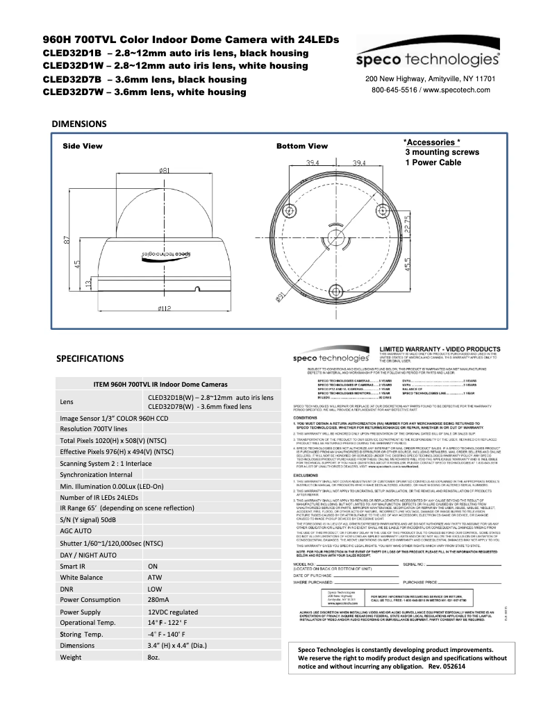 Page 1 de la notice Manuel utilisateur Speco Technologies CLED32D1W