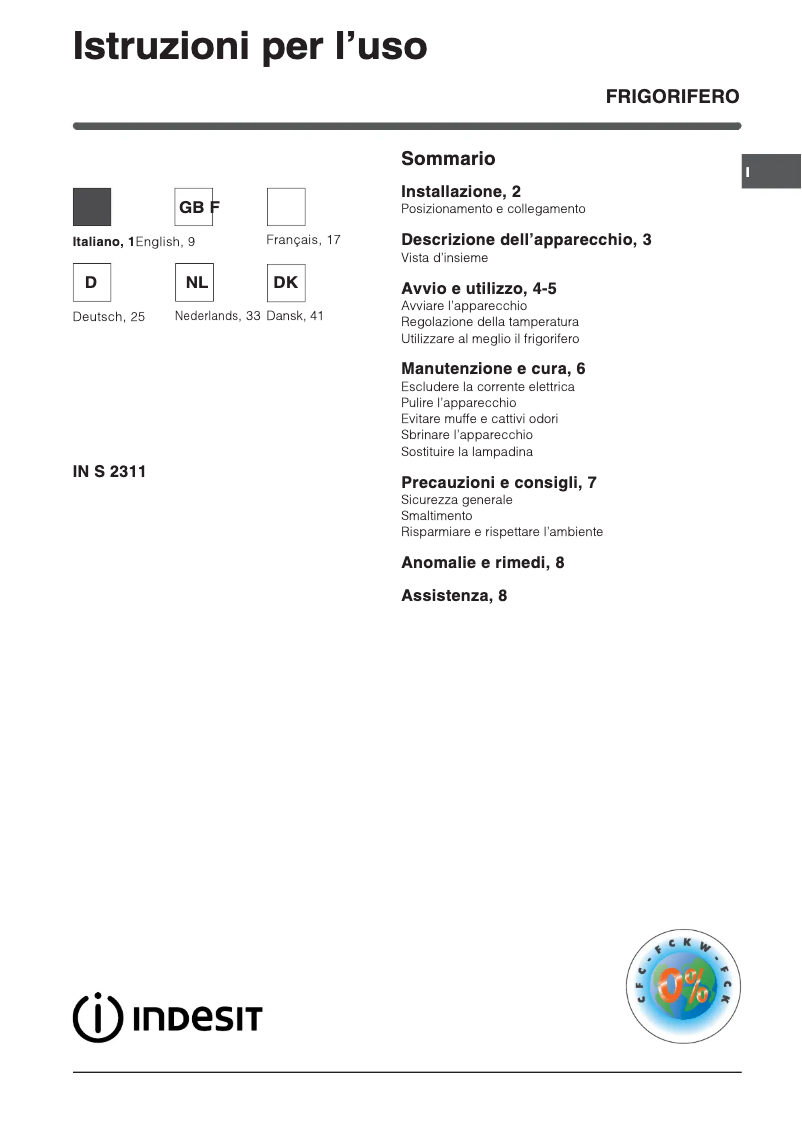 Page n°1 - Manuel utilisateur Indesit IN S 2311