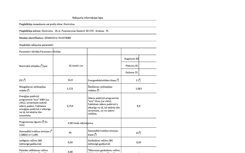 Page 1 de la notice Fiche technique Electrolux EEM43211L