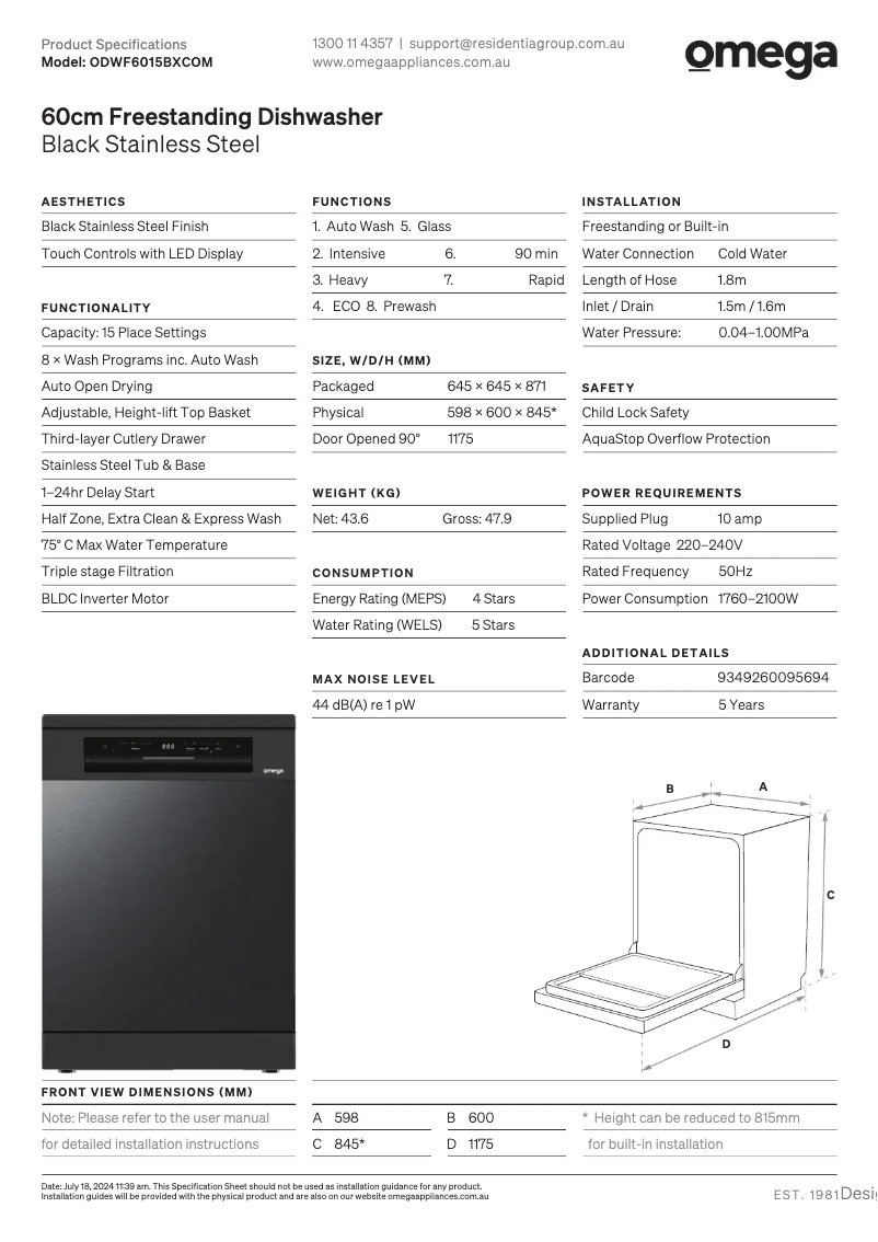 Page 1 de la notice Fiche technique Omega ODWF6015BXCOM