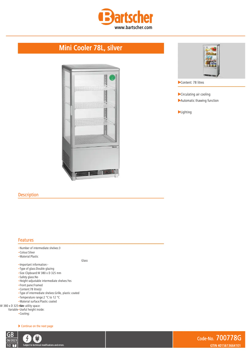 Page 1 de la notice Fiche technique Bartscher 700778G