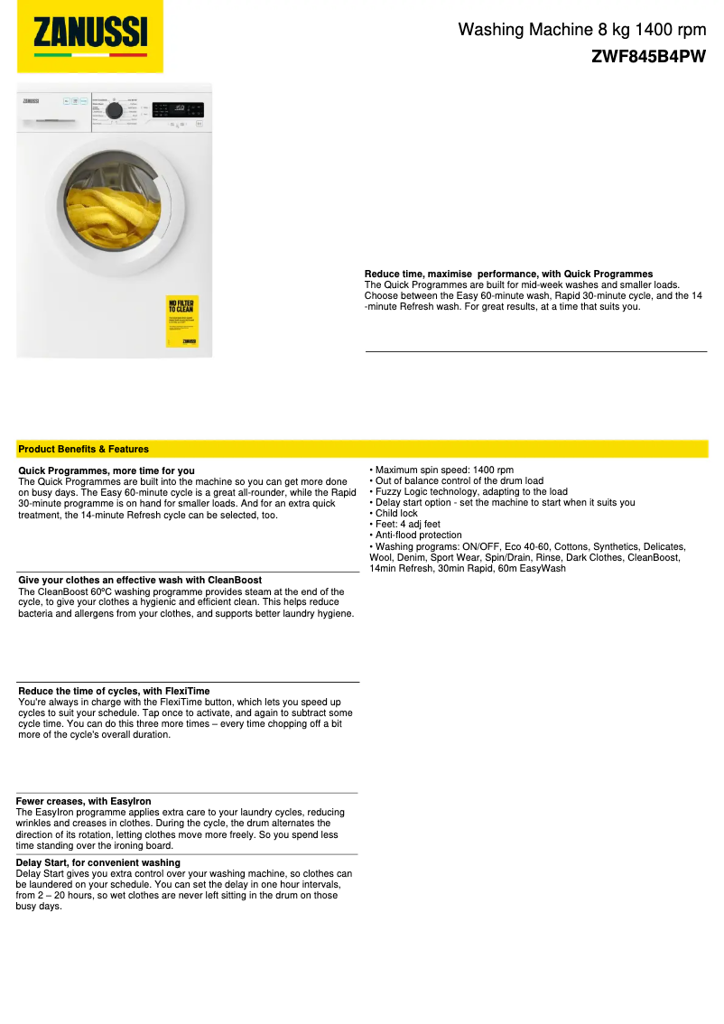 Page 1 de la notice Fiche technique Zanussi ZWF845B4PW