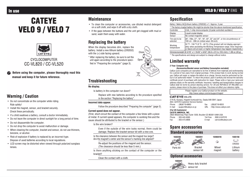 Page 1 de la notice Manuel utilisateur Cateye Velo 9