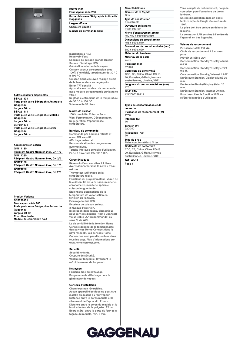 Página 1 del manual Ficha técnica Gaggenau BSP221101