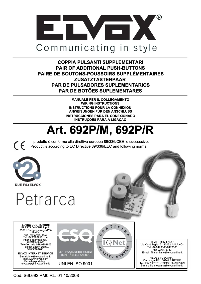 Page n°1 - Manuel utilisateur Vimar ELVOX 692P/R