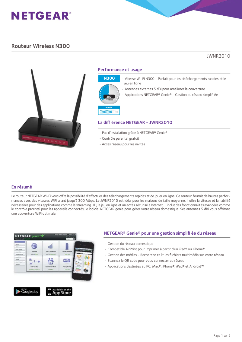 Page 1 de la notice Fiche technique Netgear JWNR2010v5