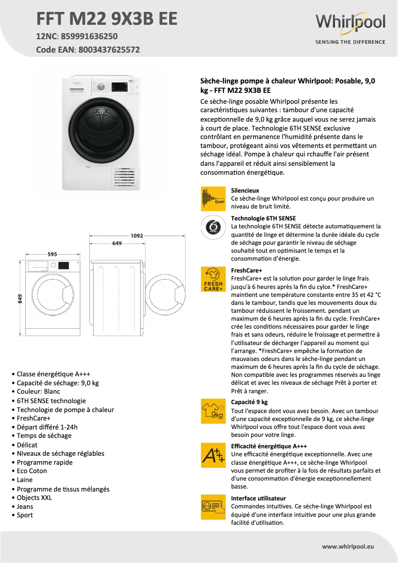 Page n°1 - Fiche technique Whirlpool FFT M22 9X3B EE