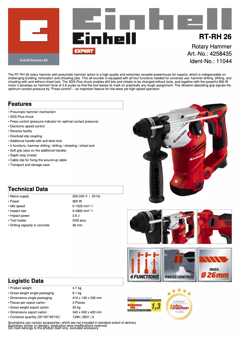 Page n°1 - Fiche technique Einhell RT-RH 26