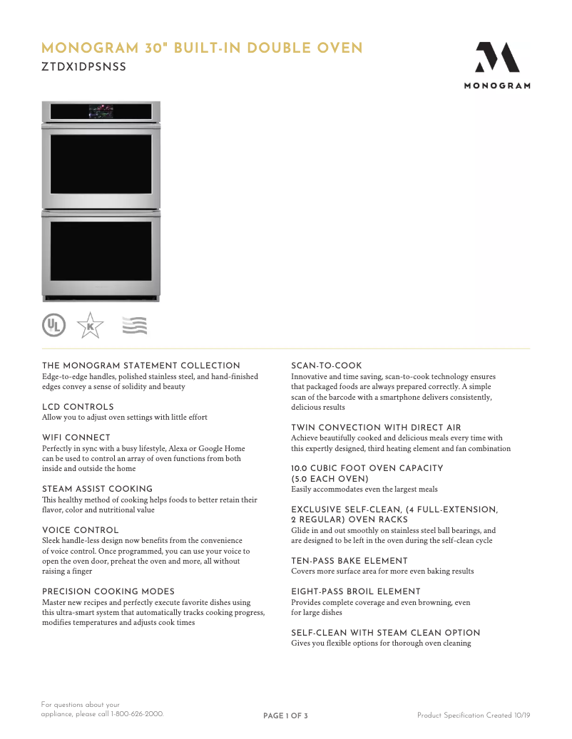 Page n°1 - Fiche technique Monogram ZTDX1DPSN
