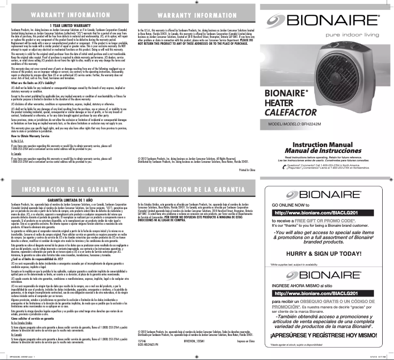 Page 1 de la notice Manuel utilisateur Jarden BFH2242M-SM