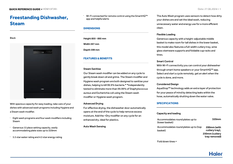 Page 1 de la notice Manuel utilisateur Haier HDW15F3B1