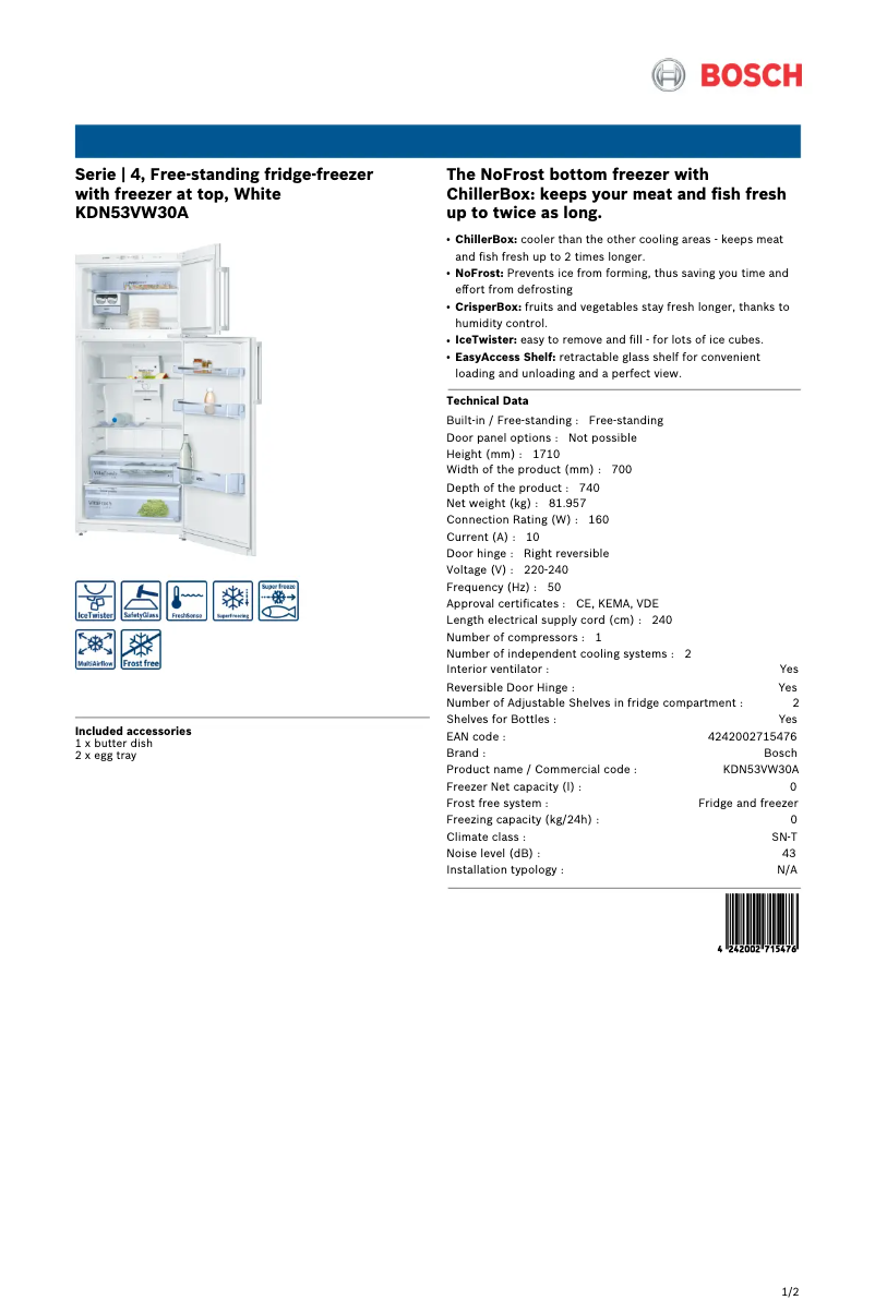 Página 1 del manual Ficha técnica Bosch KDN53VW30A