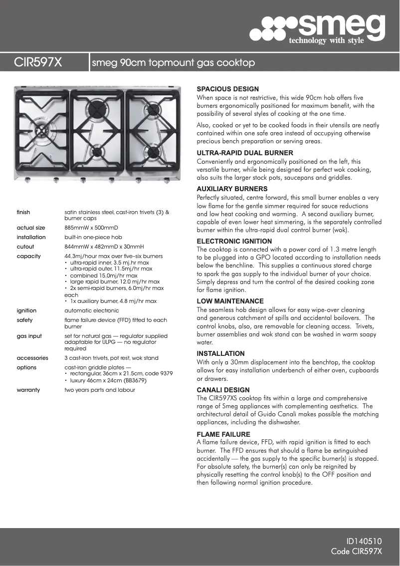 Page 1 de la notice Fiche technique Smeg CIR597XS