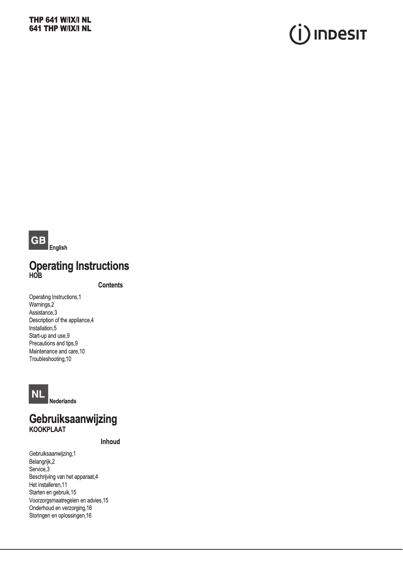 Page 1 de la notice Manuel utilisateur Indesit THP 641 W/IX/I NL