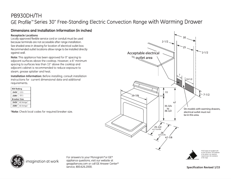 Page 1 of the manual Technical Sheet GE Profile PB930DHBB