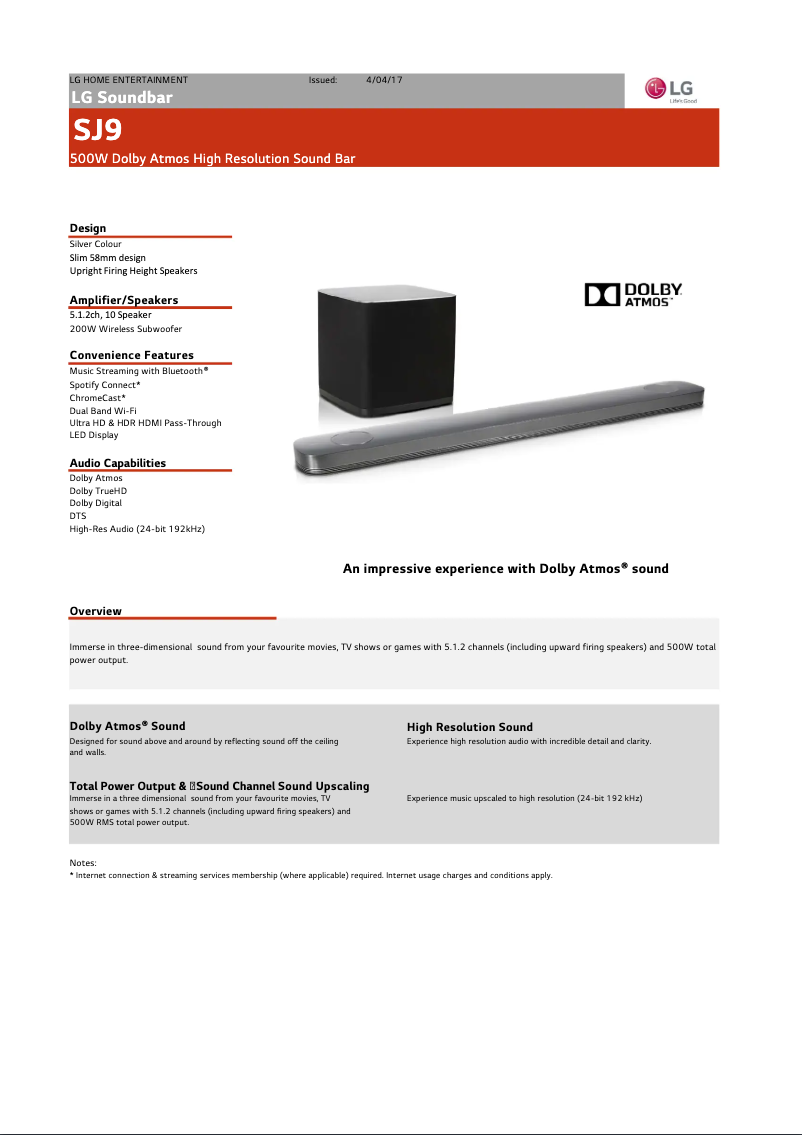 Page 1 de la notice Fiche technique LG SJ9
