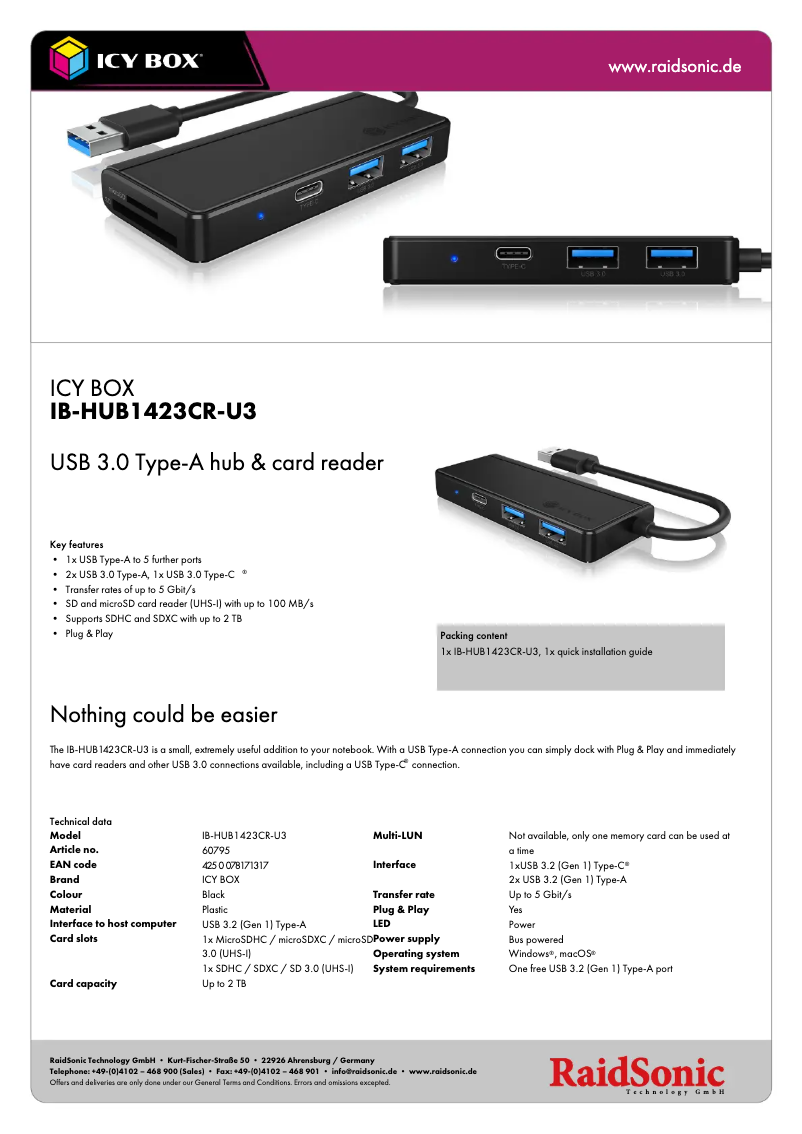 Page 1 de la notice Fiche technique Icy Box IB-HUB1423CR-U3