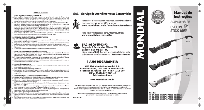 Page 1 de la notice Manuel utilisateur Mondial Cyclone Stick 1000 AP-21