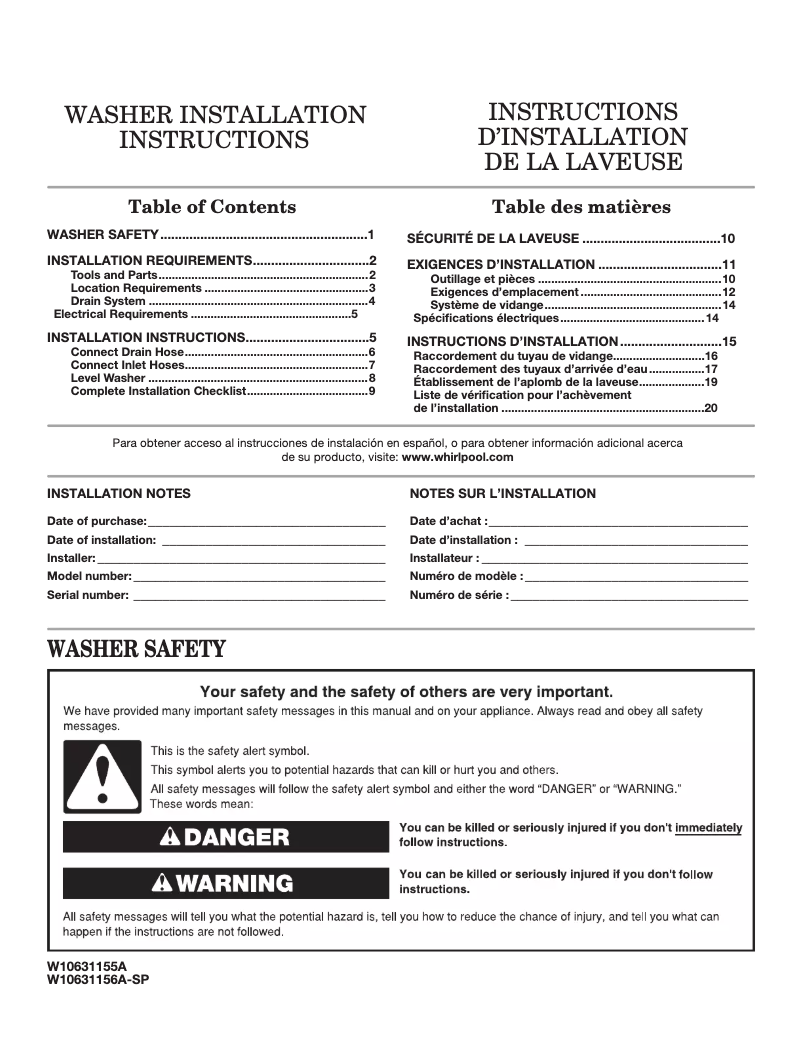 Page 1 de la notice Guide d'installation Maytag MHW5500F