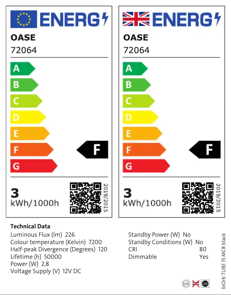 Page 1 de la notice Label énergétique Oase biOrb TUBE 15