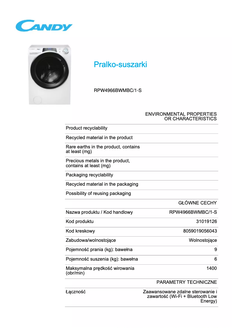 Page 1 de la notice Fiche technique Candy RPW4966BWMBC/1-S