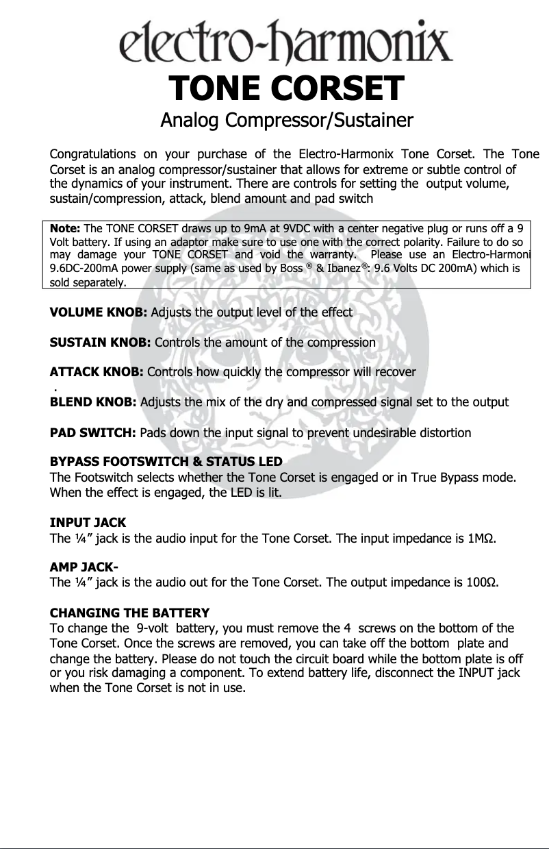 Page 1 de la notice Manuel utilisateur Electro Harmonix Tone Corset