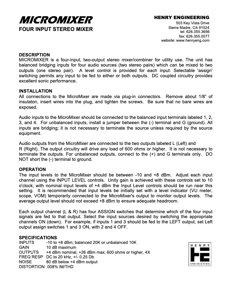 Page 1 de la notice Manuel utilisateur Henry Engineering Micromixer